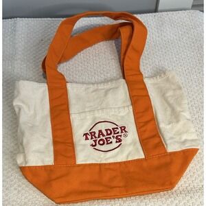 Trader Joe's Mini‎ Canvas Tote Bag Orange White Reusable Grocery Shopping Crew